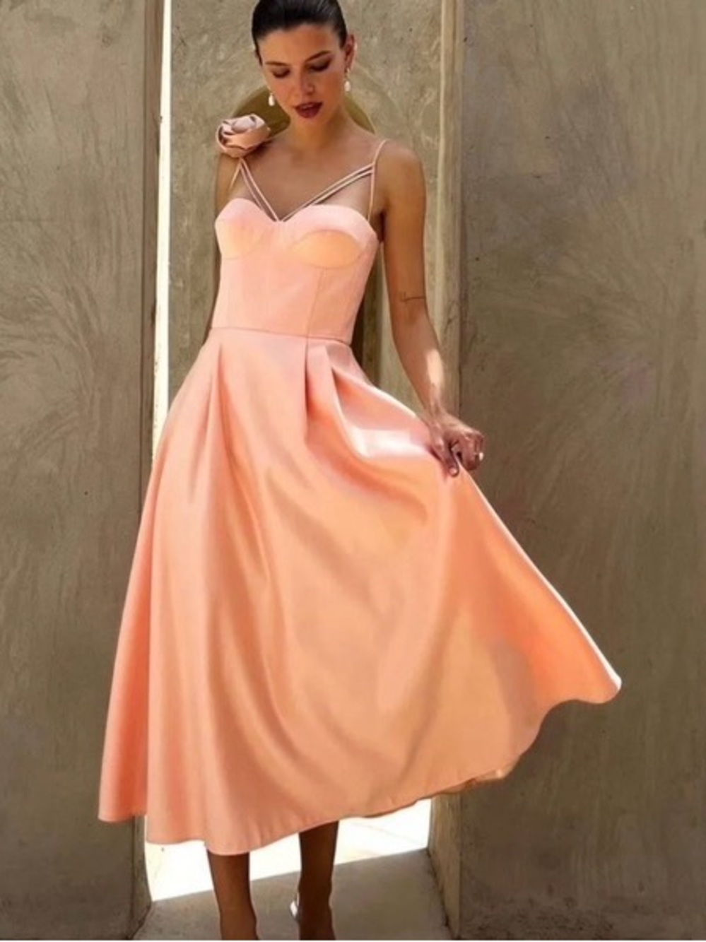 Satin Peach Midi Dress with Sweetheart Bodice